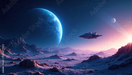 Blue planet in the distance with spaceship approaching, cosmic landscape, distant planet, spaceship