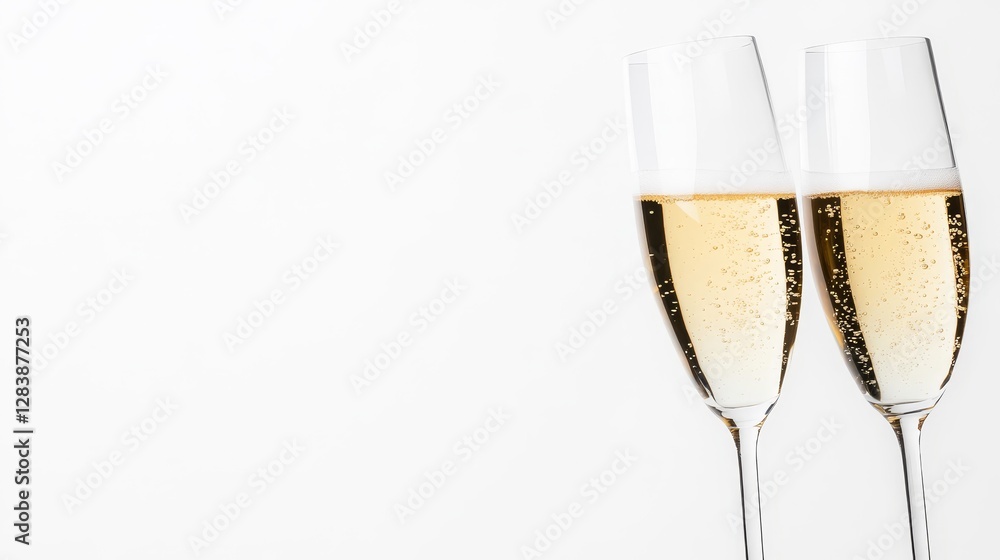 Two Elegant Champagne Flutes with Bubbles Against White Background Two Elegant Champagne Flutes with Bubbles Against White Background