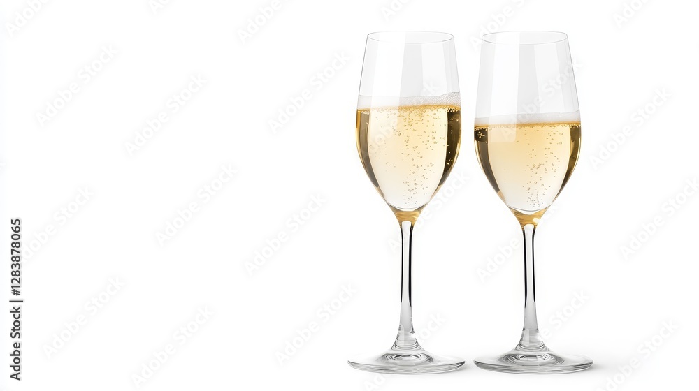 Elegant Champagne Flutes with Bubbles and White Background Elegant Champagne Flutes with Bubbles and White Background