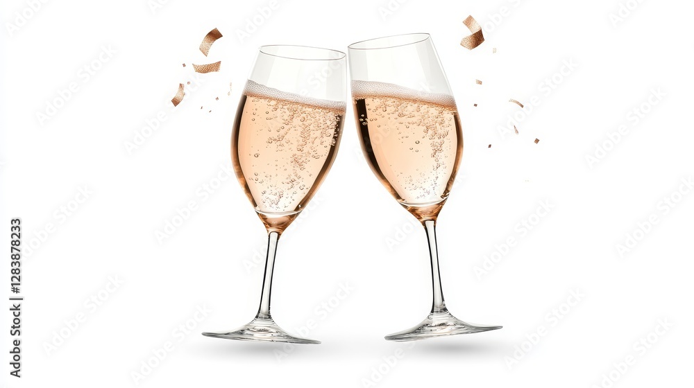 Elegant Champagne Glasses Clinking with Bubbles and Confetti