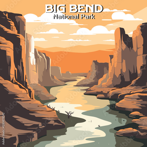 Big Bend National Park vector art. Canyon view with river at sunset. Vintage travel poster style illustration.
