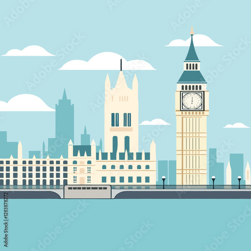 London skyline vector illustration. Big Ben and Westminster. Retro travel poster design.