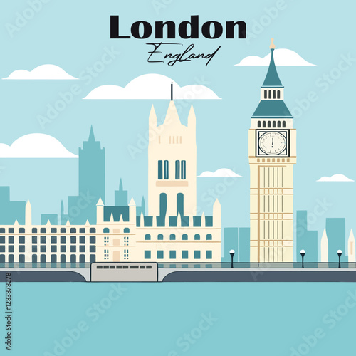 London skyline vector illustration. Big Ben and Westminster. Retro travel poster design.