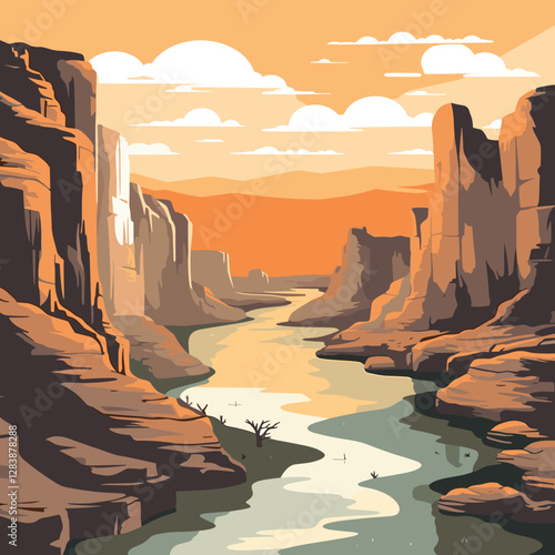 Big Bend National Park vector art. Canyon view with river at sunset. Vintage travel poster style illustration.