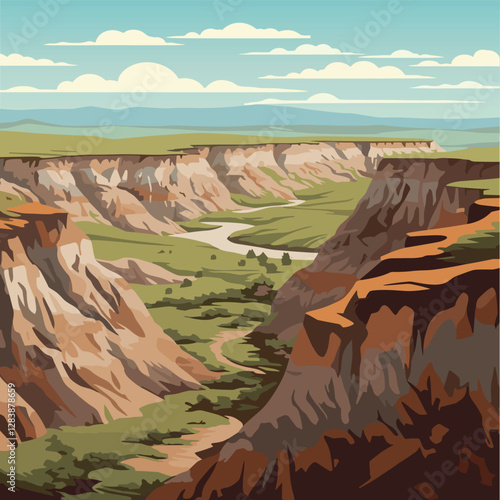 Badlands National Park vector illustration. Scenic canyon landscape. Retro travel poster style.