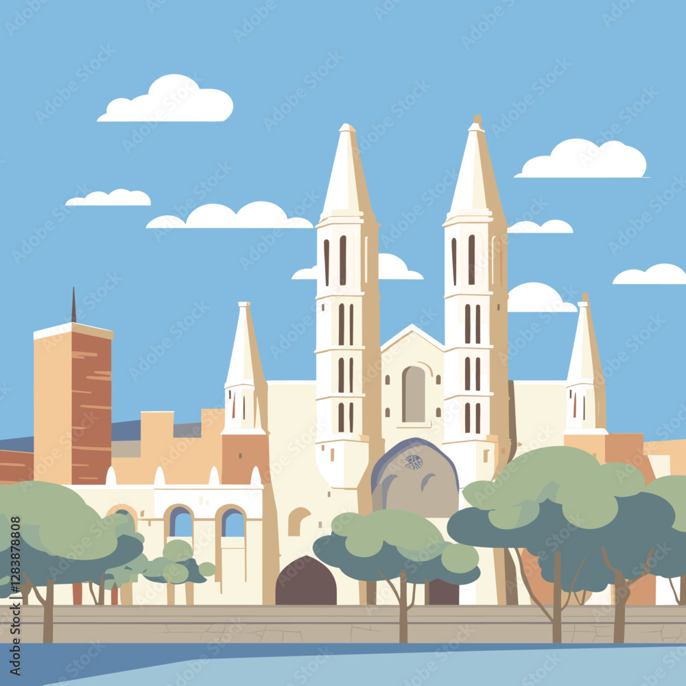 Fototapeta premium Barcelona Cathedral skyline vector. Flat design showing the iconic Gothic cathedral. Ideal for travel and architectural themes.