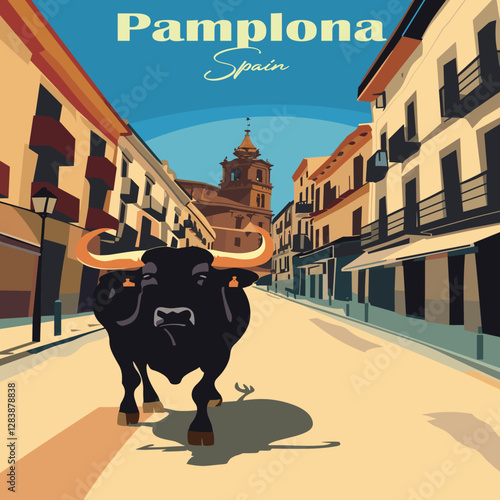 Pamplona, Spain vector art. Bull running in the streets. Vintage travel poster style illustration of San Fermin.