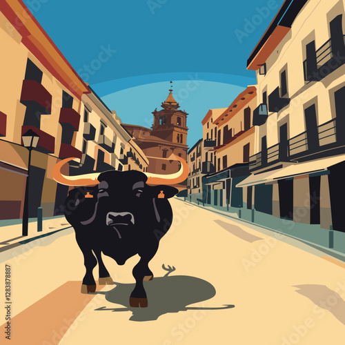 Pamplona, Spain vector art. Bull running in the streets. Vintage travel poster style illustration of San Fermin.