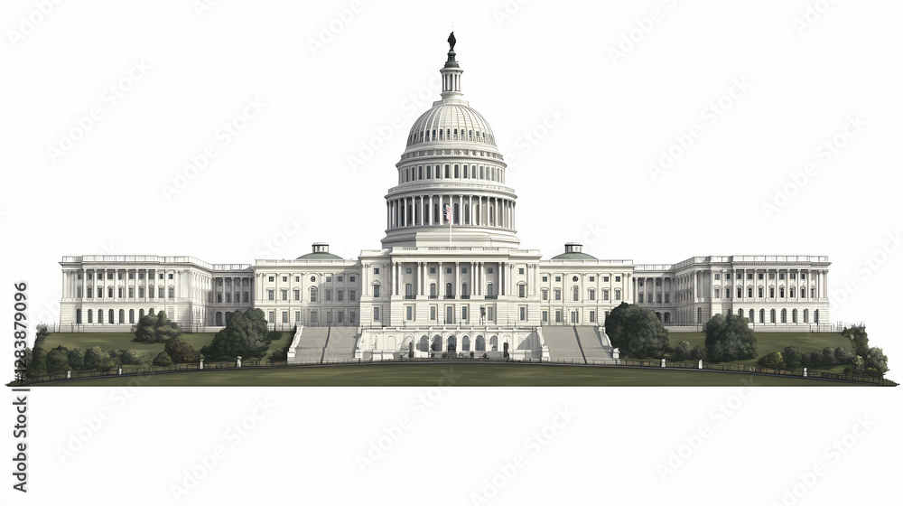 Fototapeta premium Historic united states capitol building in washington d.c. isolated on transparent background. Nightmarish Shapeshifting Figure. Illustration