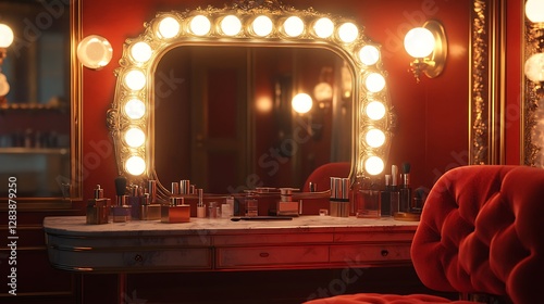 A glamorous 1950s Hollywood dressing room with an ornate vanity mirror framed by warm golden bulbs, vintage makeup essentials scattered on a marble tabletop, and a luxurious red velvet chair.
