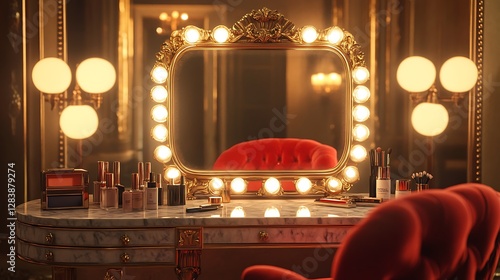 A glamorous 1950s Hollywood dressing room with an ornate vanity mirror framed by warm golden bulbs, vintage makeup essentials scattered on a marble tabletop, and a luxurious red velvet chair.