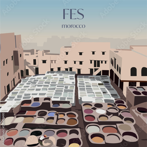 Fes, Morocco tannery vector illustration. Flat design showing the iconic leather dyeing process. Ideal for travel and cultural themes.