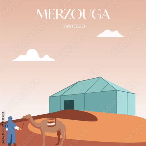 Vintage travel poster, Merzouga, Morocco. Desert camp, camel, nomad. Retro, graphic, travel art.