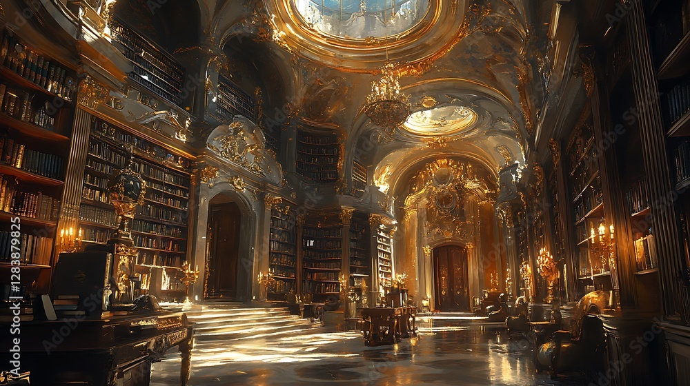 Obraz premium A grand baroque-style library, golden-trimmed bookshelves stretching toward a domed ceiling adorned with frescoes, marble floors reflecting the glow of an elaborate chandelier,