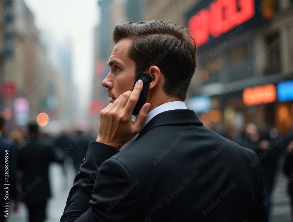 Secret agent adjusting earpiece and using phone in crowded Times Square Secret agent adjusting earpiece and using phone in crowded Times Square