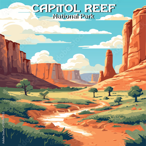 Capitol Reef canyon trail vector. Flat design showing the iconic canyon scenery and path. Ideal for travel and nature themes.