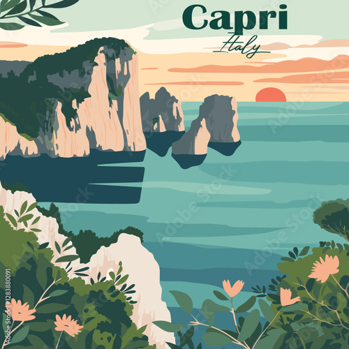 Capri Italy Faraglioni sunset vector. Flat design showing the iconic rock formations. Ideal for travel and scenic themes.