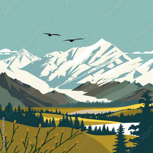 Denali National Park mountain vector. Flat design showing the iconic peaks and wilderness. Ideal for travel and nature themes.