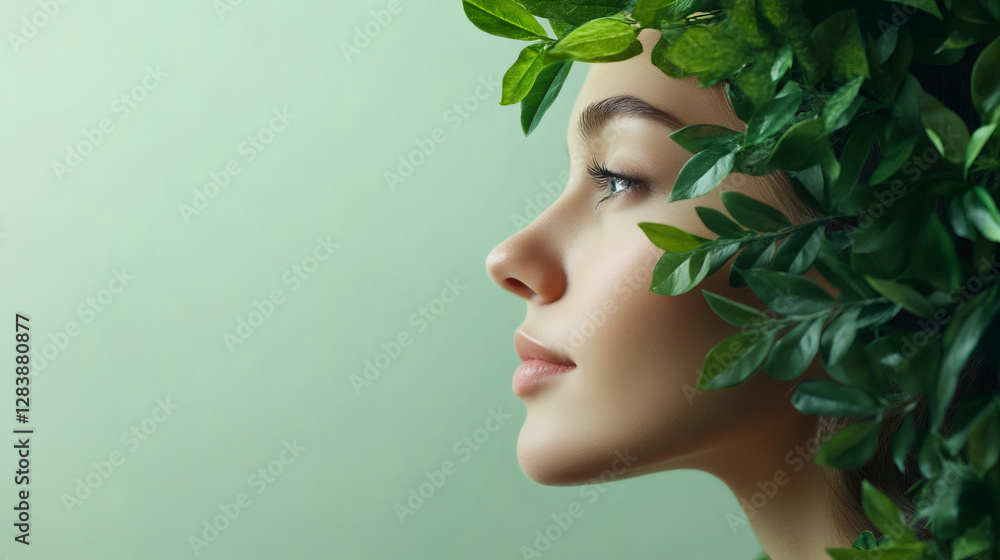Woman wearing leafy green crown, showcasing flawless complexion against verdant backdrop, highlighting natural beauty and organic skincare aesthetic Woman wearing leafy green crown, showcasing flawless complexion against verdant backdrop, highlighting natural beauty and organic skincare aesthetic