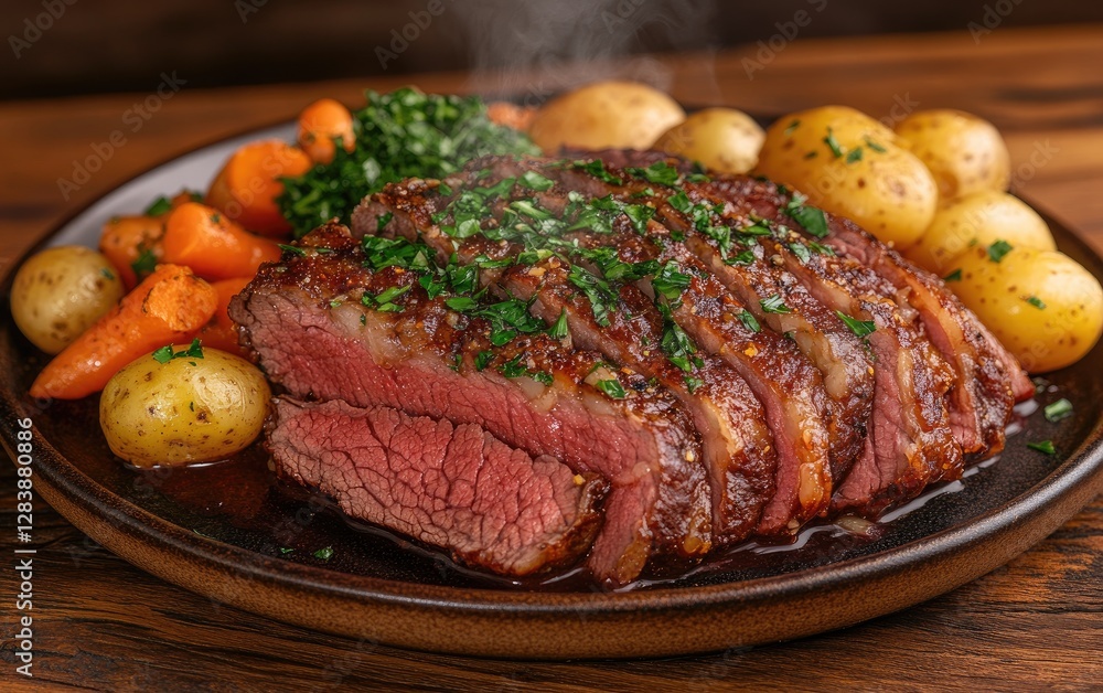 Sliced roast beef dinner, potatoes, carrots, wooden table Sliced roast beef dinner, potatoes, carrots, wooden table