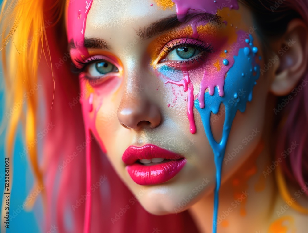 Surreal beauty with colorful liquid makeup dripping on model face Surreal beauty with colorful liquid makeup dripping on model face