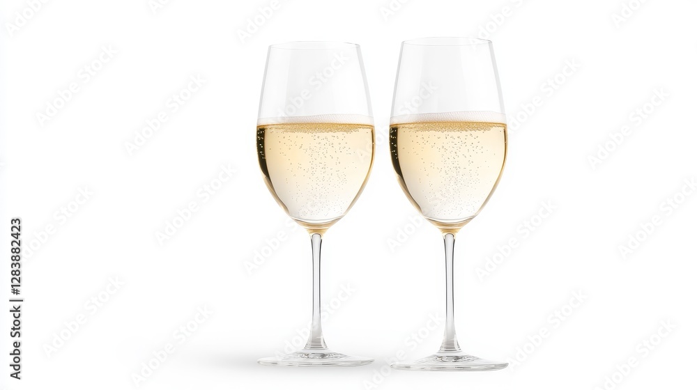 Elegant White Wine Glasses with Bubbles on White Background Elegant White Wine Glasses with Bubbles on White Background