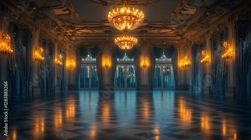 A moonlit ballroom in an old European castle, the glow of chandeliers reflecting on polished marble, intricate wall carvings telling forgotten stories,