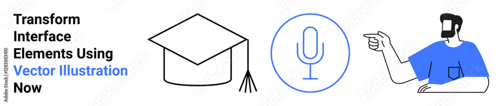 custom made wallpaper toronto digitalGraduation cap, microphone, pointing man for education, podcasting, voice technology, and user engagement. Ideal for e-learning, communication tools, audio tech platforms education services voice