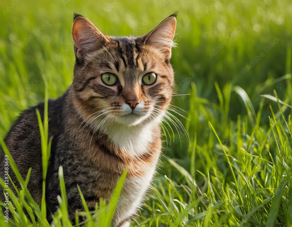 A tabby-colored cat sits against a background of grass, turns its head and looks at the camera A tabby-colored cat sits against a background of grass, turns its head and looks at the camera