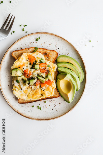 Delicious avocado toast with scrambled eggs and fresh vegetables on white background