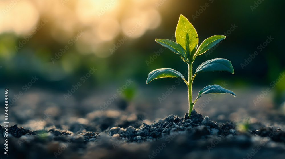 Green sprout rising from fertile ground during golden sunset, symbolizing growth, sustainability, and agricultural potential Green sprout rising from fertile ground during golden sunset, symbolizing growth, sustainability, and agricultural potential