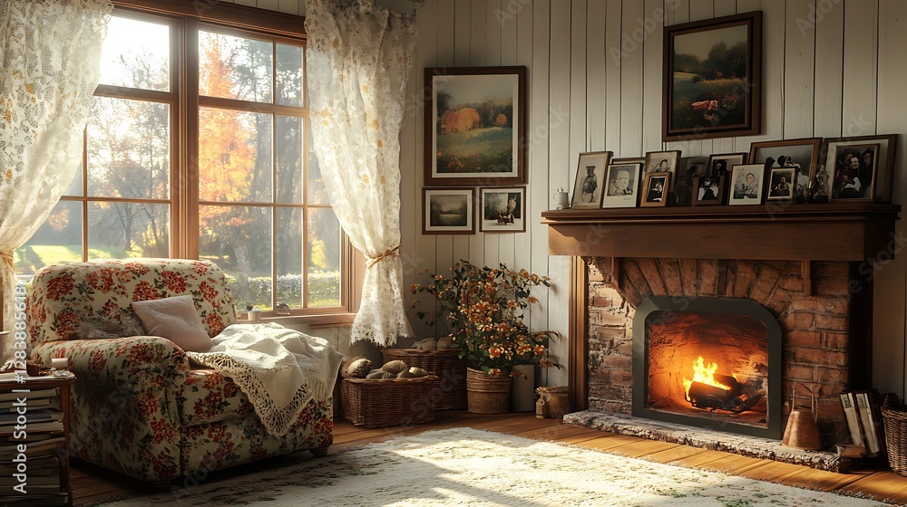 Fototapeta premium A rustic country-style living room, a floral armchair facing a warm fireplace, family photographs lining the mantel, handmade lace curtains framing the windows,