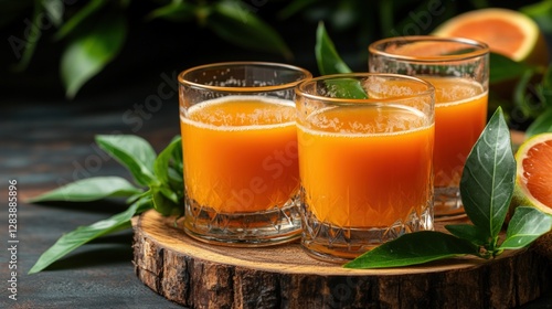 Two glasses of orange juice with fresh oranges and vibrant splash of mixed fruit juices in clear glass