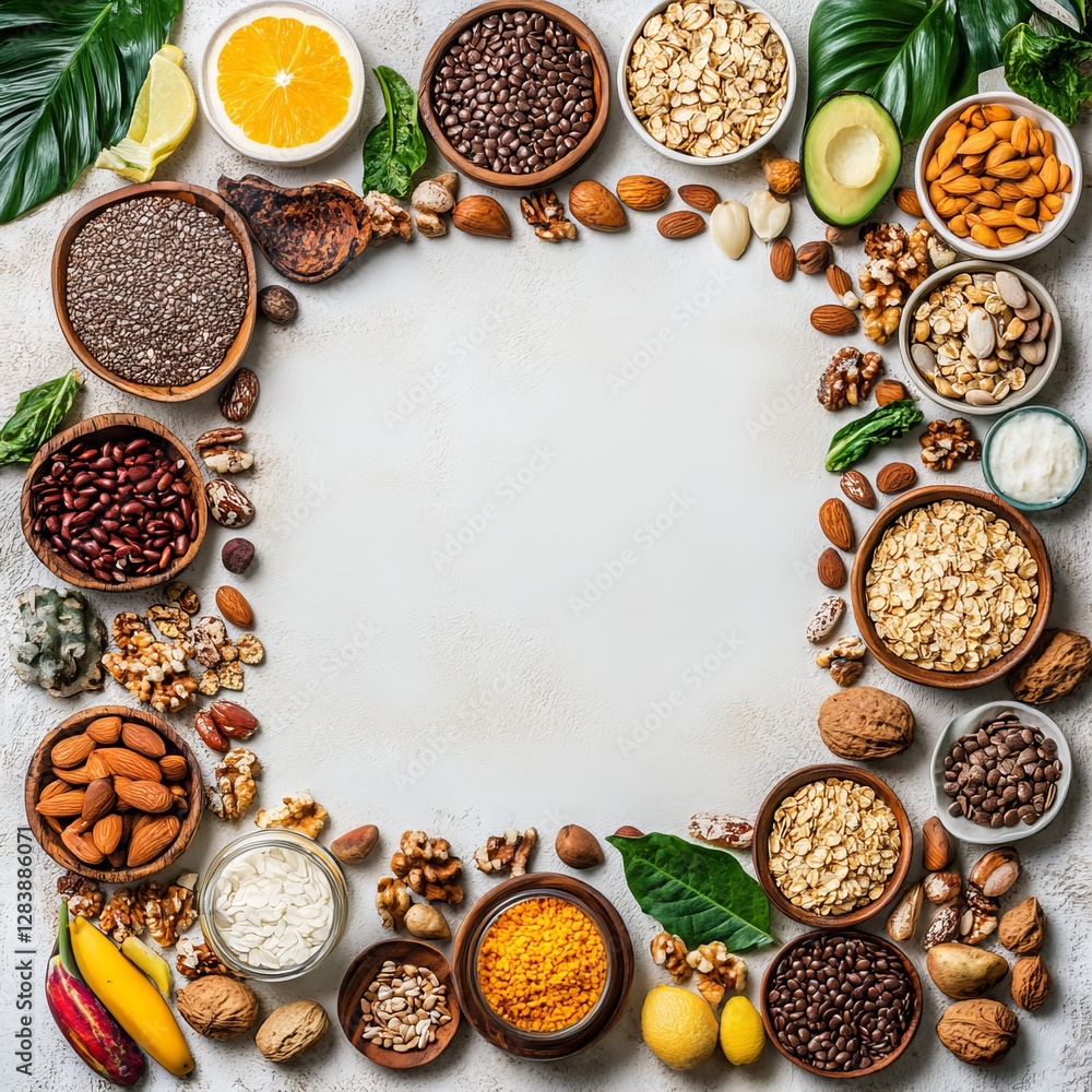 Nuts, seeds, fruits, and legumes arranged in a circular pattern on a light background, showcasing healthy ingredients for nutritious meals and healthy eating concept Nuts, seeds, fruits, and legumes arranged in a circular pattern on a light background, showcasing healthy ingredients for nutritious meals and healthy eating concept