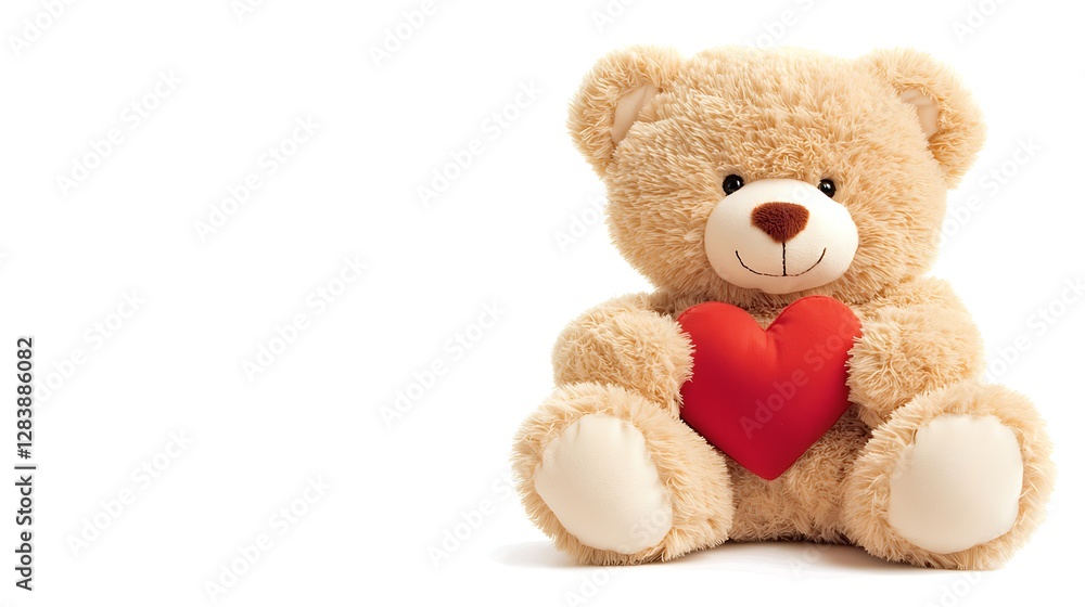 Obraz premium Cute Plush Teddy Bear Holding Red Heart for Valentine’s Day, Love, Friendship, Gifts and Celebration