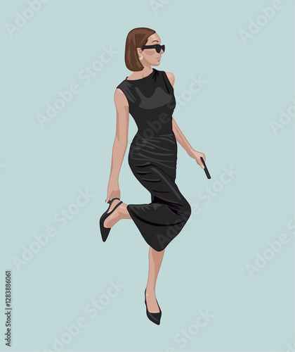 Stylish Woman Walking in a Black Dress and Sunglasses