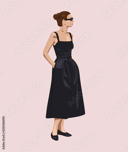Woman in a Black Midi Dress with White Heels