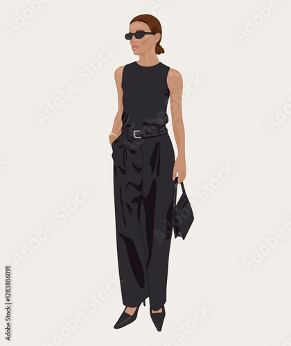Woman in a Black Sleeveless Dress with Sunglasses