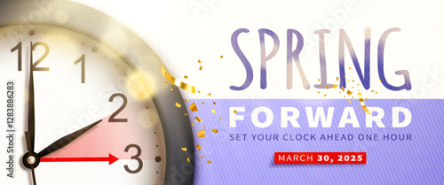 Spring Forward. Daylight saving time banner with realistic black 3d clock bright sun rays and bokeh on lilac background. Text reminder of time change one hour forward for website. Vector illustration