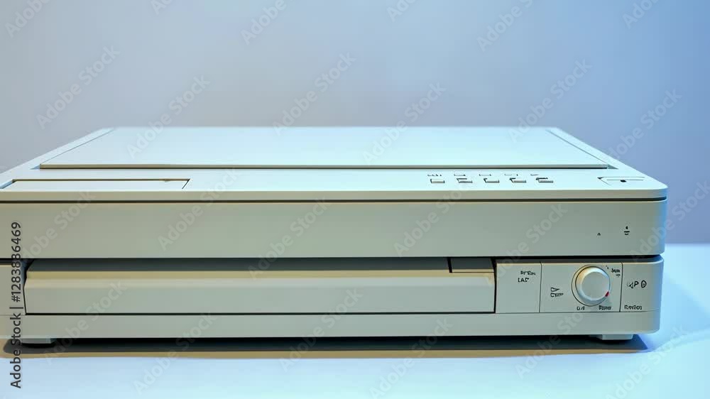 Slim, modern design of a digital document scanner placed on a clean surface in a well-lit office environment Slim, modern design of a digital document scanner placed on a clean surface in a well-lit office environment