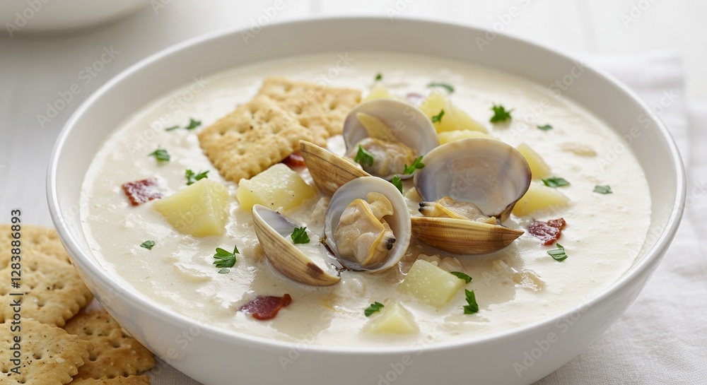 Delightful New England clam chowder with crisp crackers and fresh clams Delightful New England clam chowder with crisp crackers and fresh clams