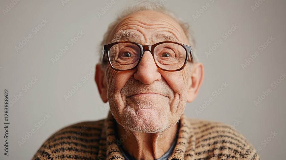 Joyful elderly man smiling warmly at the camera, showcasing wisdom and happiness, wearing glasses and a cozy sweater, representing the concept of aging gracefully Joyful elderly man smiling warmly at the camera, showcasing wisdom and happiness, wearing glasses and a cozy sweater, representing the concept of aging gracefully