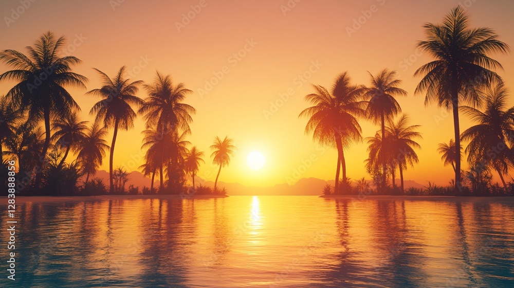 Obraz premium Tropical paradise sunset with palm trees reflecting in calm ocean water