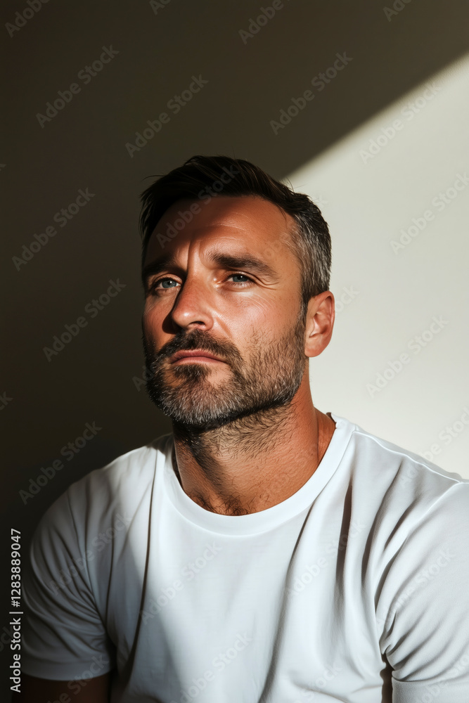 Obraz premium Bearded Man Sitting in Warm Sunlight with Dramatic Shadows