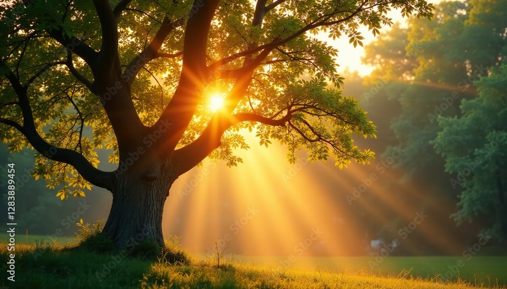 Fototapeta premium Branches stretching towards warm sunlight beams, branches, sunbeams, tree