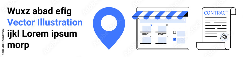 Location pin in blue, e-commerce storefront with web elements, signed contract with signature. Ideal for business strategy, e-commerce, contracts, digital marketing, navigation, online agreements Location pin in blue, e-commerce storefront with web elements, signed contract with signature. Ideal for business strategy, e-commerce, contracts, digital marketing, navigation, online agreements