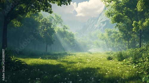 A peaceful forest scene with sunshine and green grass