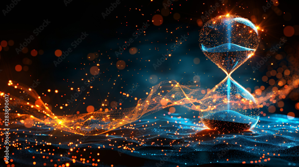 Abstract hourglass with glowing particles, representing time passing. Abstract hourglass with glowing particles, representing time passing.