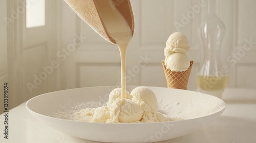 Creamy vanilla ice cream being poured into a bowl with scoops, showcasing a delicious dessert experience, perfect for summer treats and indulgence concept photo