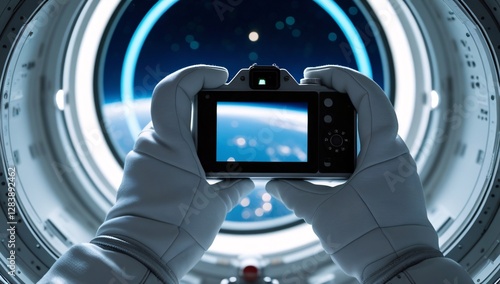 Fototapeta Naklejka Na Ścianę i Meble -  hand, photography, photograph, astronaut, view from outer space, photograph of earth from outer space, photograph by astronaut, space station, photograph from space station, space station photo